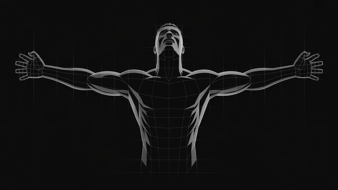 Geometric decomposition of a heroic character silhouette dissolving into grid data