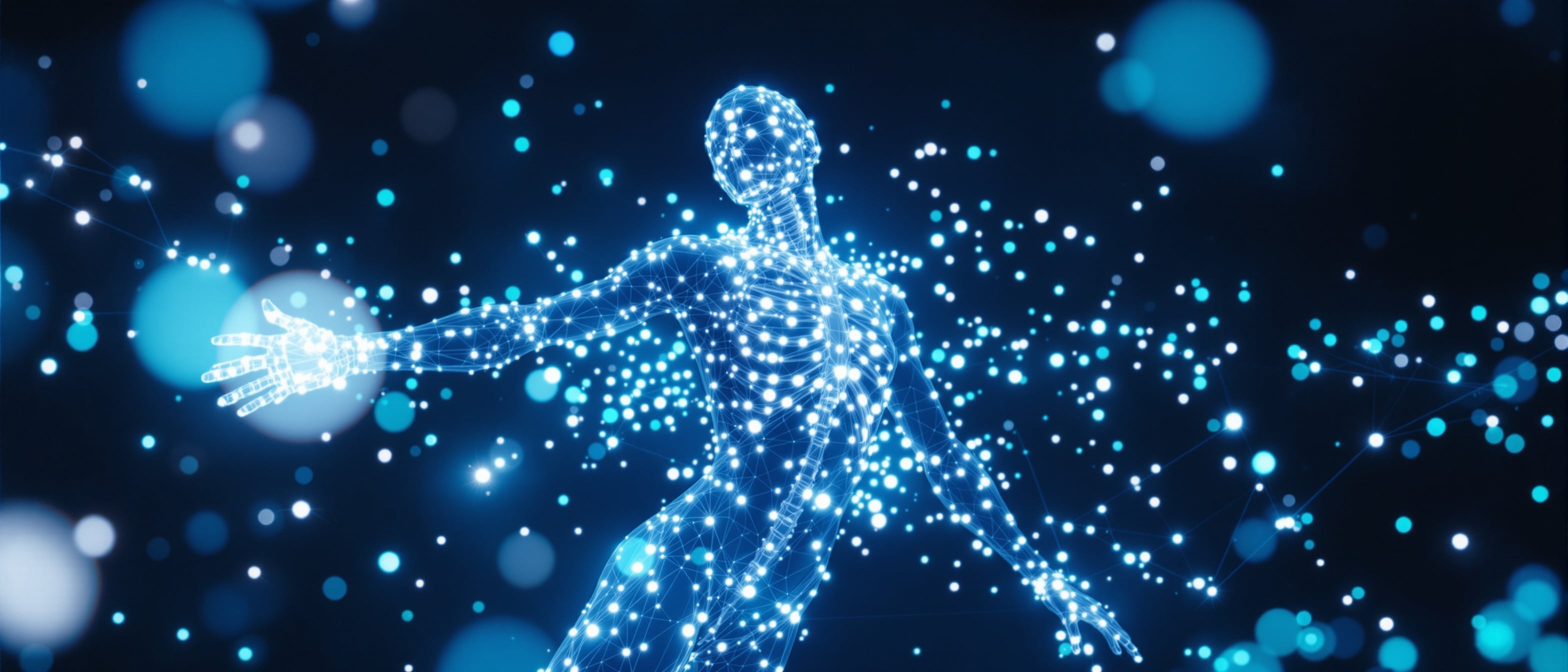 Motion capture visualization showing a performer's skeletal movement being digitized and analyzed by AI systems